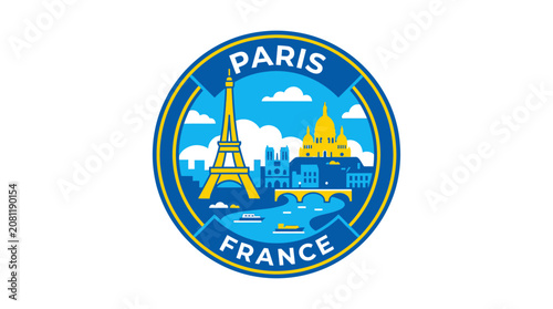 Bild auf Leinwand Paris France Landmark Collage Badge - Eiffel Tower, Sacre Coeur, River Seine