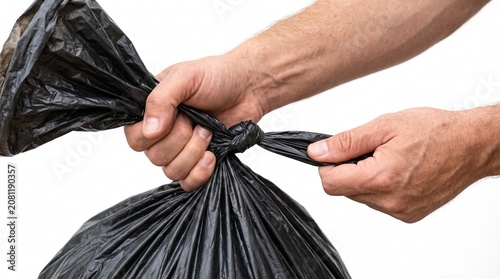 Photorealistic close-up hands tying garbage bag, sealing action, no face, pure white isolated background