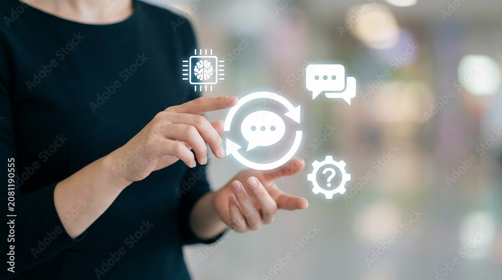 Fototapeta premium Professional woman using AI chatbot interface with digital communication icons for automated customer support and machine learning business solution.