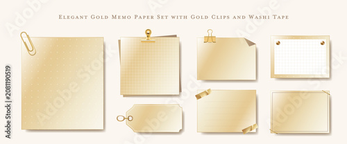 Elegant Gold Memo Paper and Sticky Note Set with Gold Clips and Washi Tape