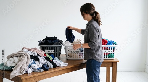 Photorealistic person from side, no face, sorting laundry by color, domestic task, clean white studio backdrop