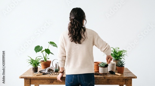Photorealistic person from behind, no face visible, setting up small indoor plant arrangement, gentle domestic scene, isolated on pure white seamless background
