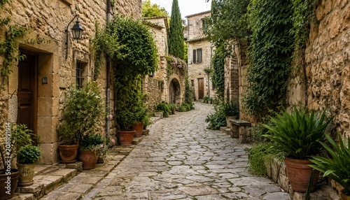 Charming stone village alley with cobblestone path and greenery