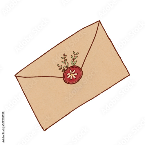 envelope with wax seal simple hand drawn illustration, floral envelope drawing, textured element