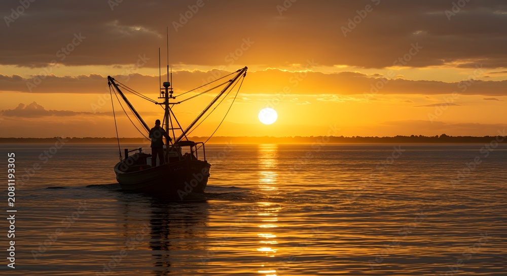 Fototapeta premium Silhouette of Fishing Boat at Sunset on Calm Water with Bright Golden Sky