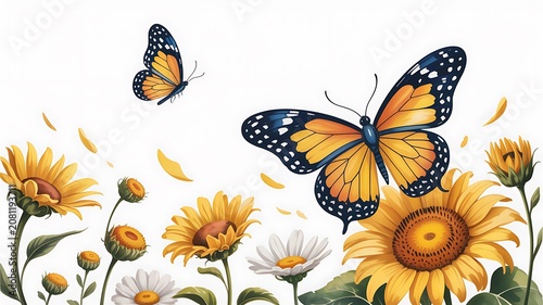 Vibrant monarch butterflies flying gracefully above a cheerful garden of sunflowers and daisies