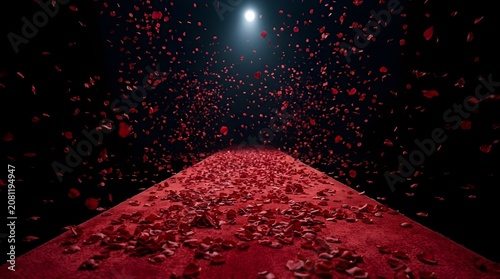 An opulent and romantic red carpet path, sumptuously covered with a vibrant cascade of rose petals, illuminated by a brilliant celestial light in a captivating dark expanse