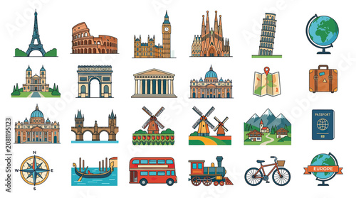 Fotografía Europe Travel Icons: Landmarks, Transport, and Symbols