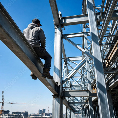 Construction Worker Climbing Steel Structure at Industrial Site.