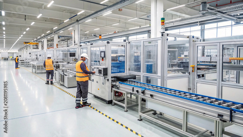 Modern battery manufacturing facility with workers in safety gear operating machinery, showcasing connected battery manufacturing ecosystem
