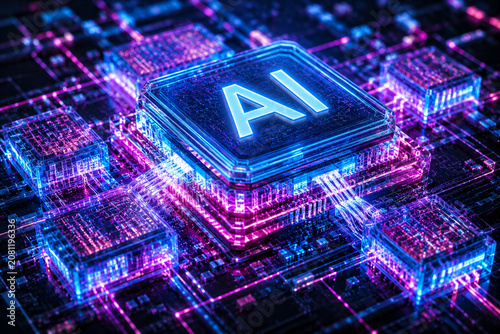 Artificial intelligence chip, glowing circuit board, futuristic technology, digital innovation