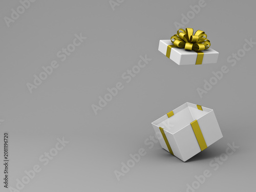 Blank white present box open or gift box with gold ribbons and bow isolated on grey background with shadow and blank space minimal conceptual 3D rendering