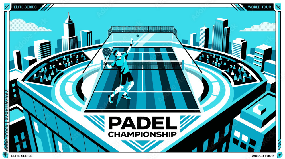 Fototapeta premium Dynamic Padel Tennis Championship Event Illustration With Cityscape Backdrop