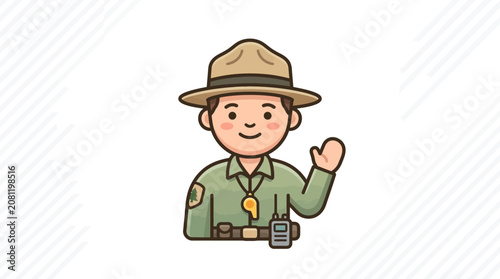 Fotografía Cartoon ranger character illustration waving hand smiling isolated white backgro
