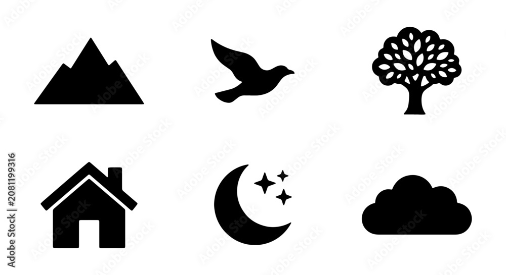 Fototapeta premium Nature and Home Icons: Mountain, Bird, Tree, House, Moon, Cloud Symbols