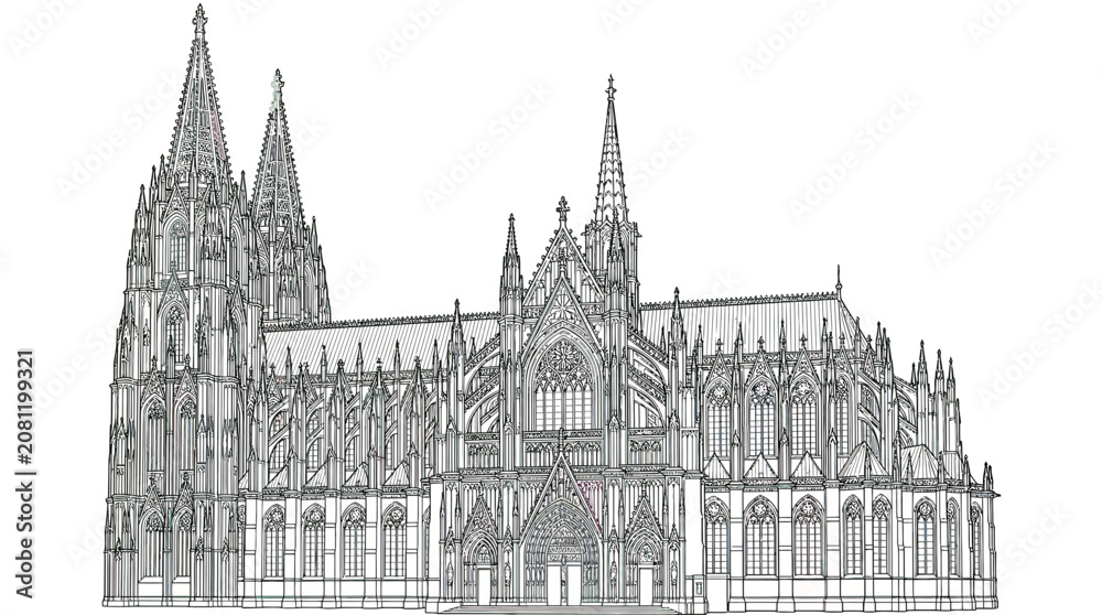 Fototapeta premium Gothic Cathedral Illustration - Detailed Architectural Sketch on White Background