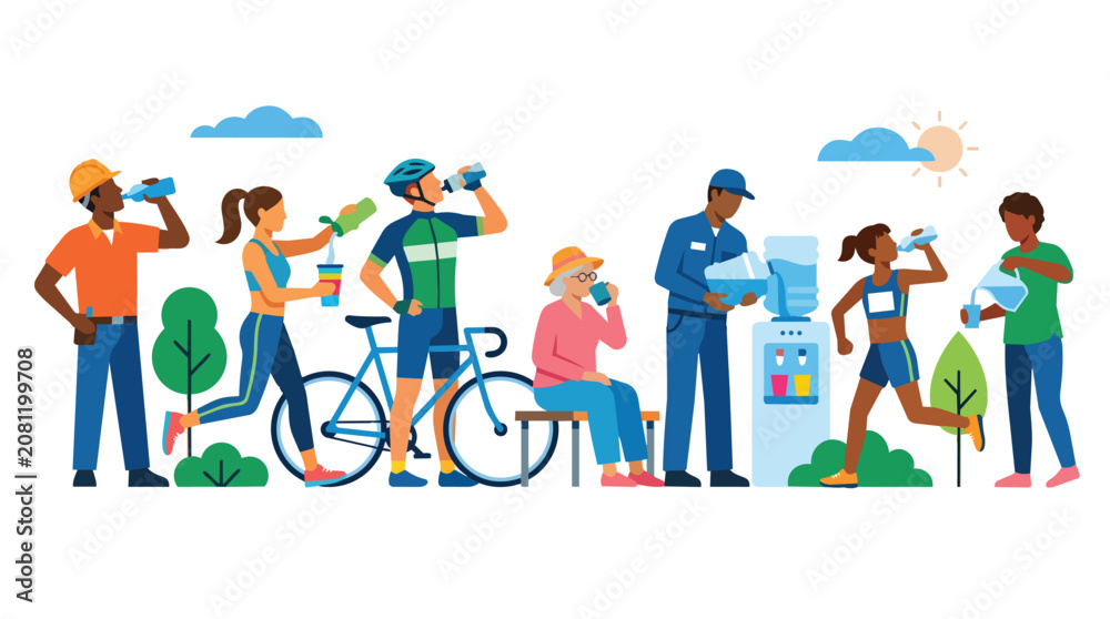 Fototapeta premium Hydration diverse people drinking water flat design vector for public health campaigns