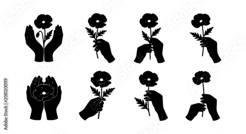 Poppy Flower Hand Icons, Delicate Floral Vector Graphics, Elegant Silhouette Set