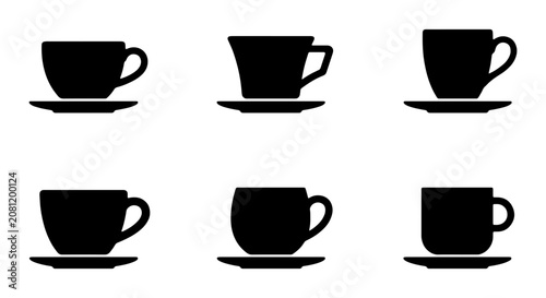 Six Black Coffee Cup Icons, Espresso Saucer Silhouettes, Hot Beverage Drinkware Vector Set