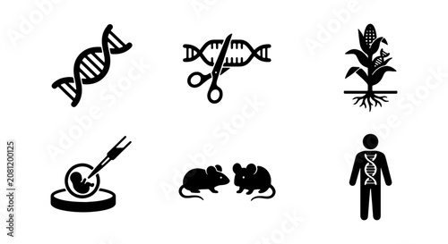 Biotechnology Icons: DNA, Gene Editing, GMO Crops, IVF, Lab Mice, Human Genetics