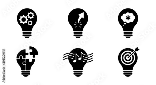 Lightbulb Idea Icons: Innovation, Creativity, Strategy, Solutions, Music, Target