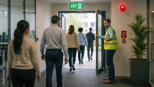 Group of office workers following fire warden during emergency evacuation from building. Professional safety officer wearing high-visibility vest leading staff to exit door. Hazard training