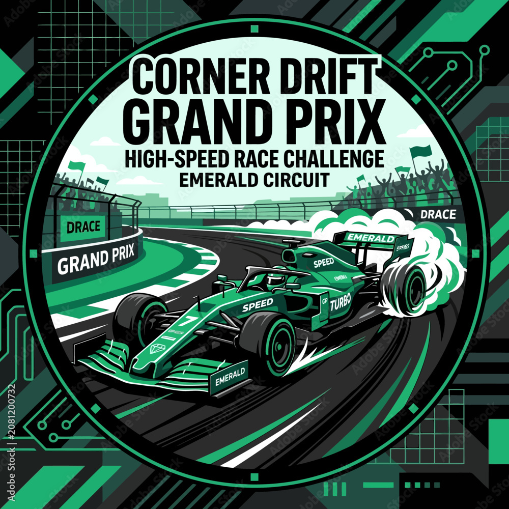 Obraz premium Dynamic Formula 1 Car Corner Drift Grand Prix In Emerald Circuit