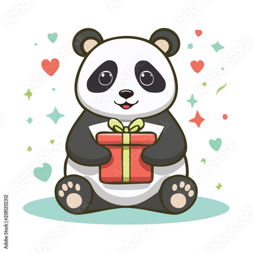 Cute cartoon panda holding a gift box with decorations
