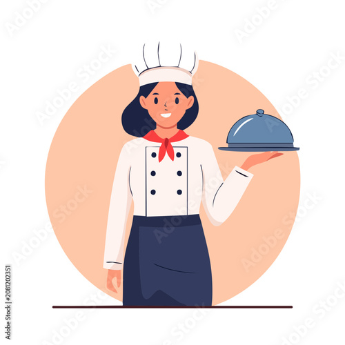 Female chef holding cloche in flat illustration style