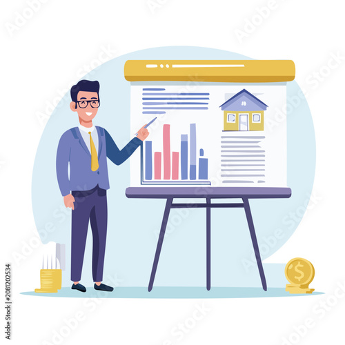 Businessman presenting real estate data on flipchart