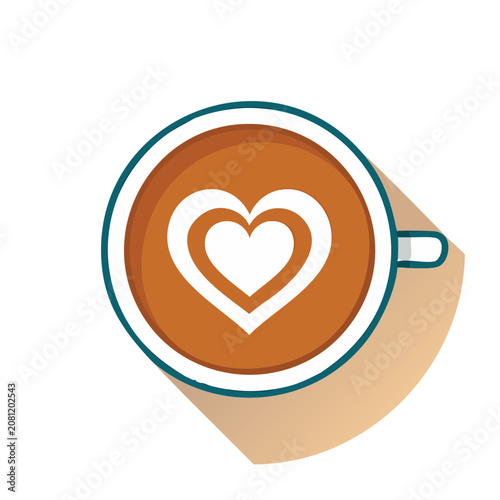 Coffee cup with heart latte art flat vector illustration