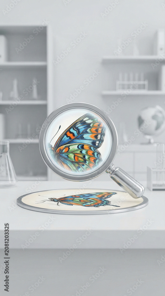 Obraz premium Examining a colorful butterfly specimen with a magnifying glass in a simple science concept illustration for kid-friendly educational study
