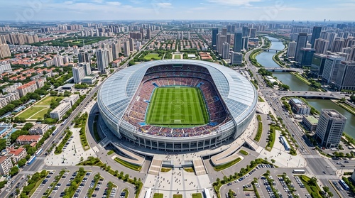Aerial view of a modern football stadium surrounded by an urban city landscape.