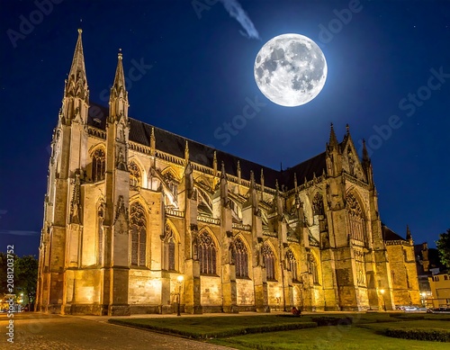 A majestic Gothic-style church illuminated at night under a full moon