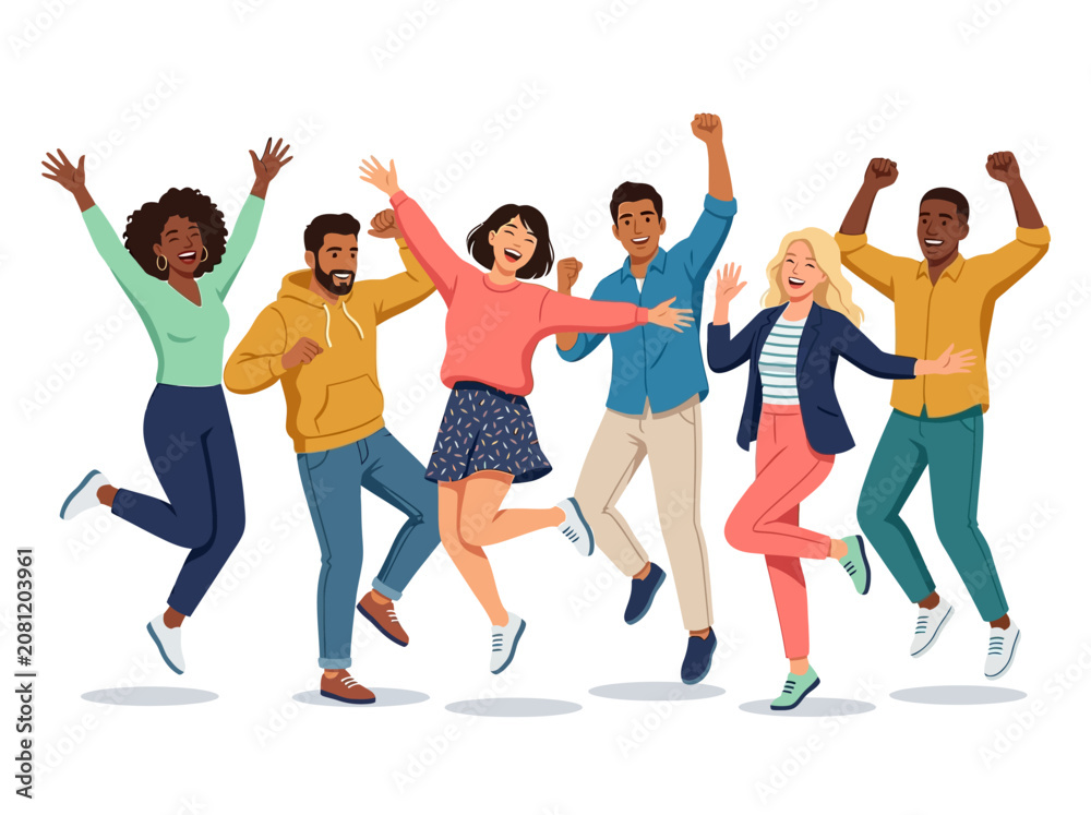 Fototapeta premium Diverse Group of Happy People Jumping and Celebrating Success - Flat Vector Illustration