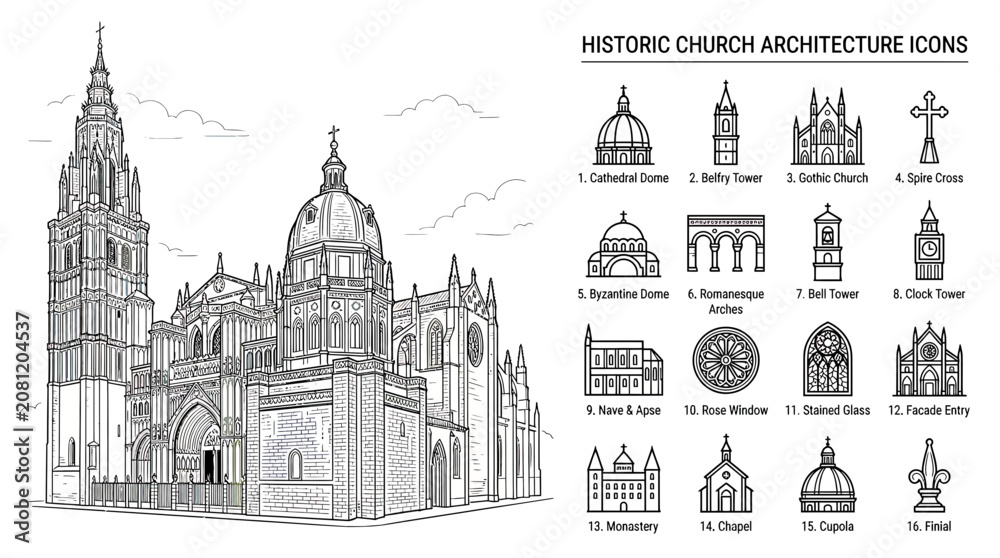 Obraz premium Historic Church Architecture Icons and Cathedral Drawing
