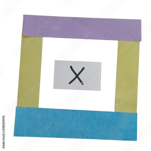 Blue and yellow file folder icon with x mark with torn paper and crafted card design