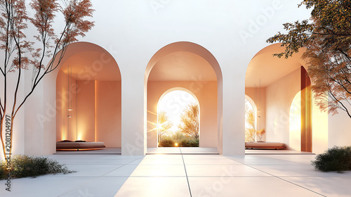 Minimalist Arched Villa Courtyard with Warm Sunset Light