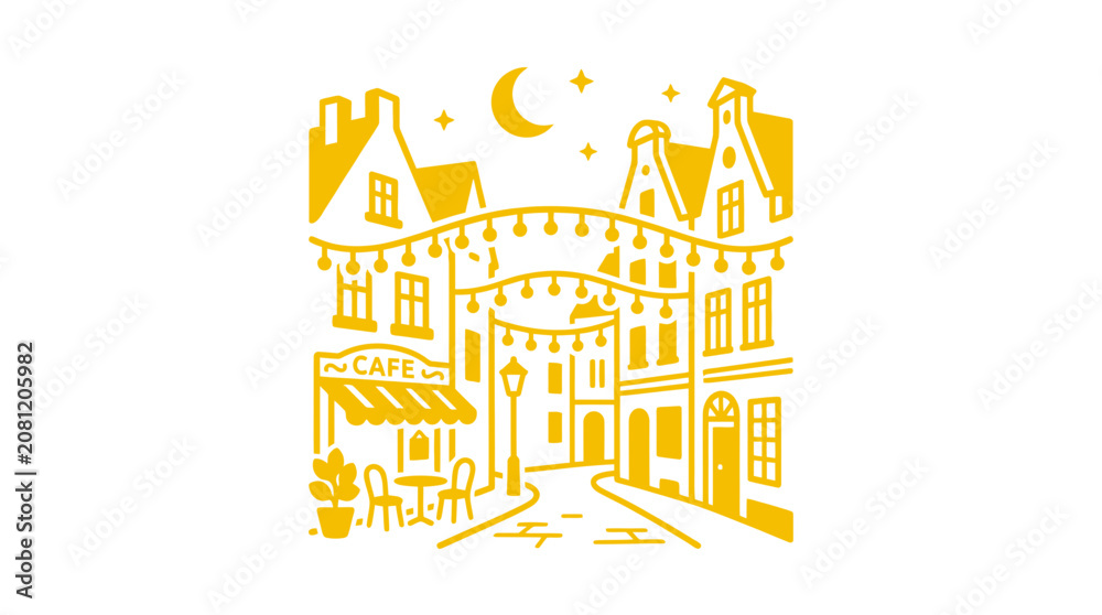 Obraz premium Charming European Street Cafe at Night with String Lights and Crescent Moon
