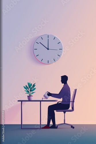 AI Generative. Businessman Watering Plant at Desk with Large Wall Clock, Work Life Balance Concept. 1