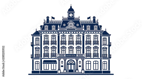Elegant Grand Hotel Building Facade, Classic Architecture, Blue and White Illustration