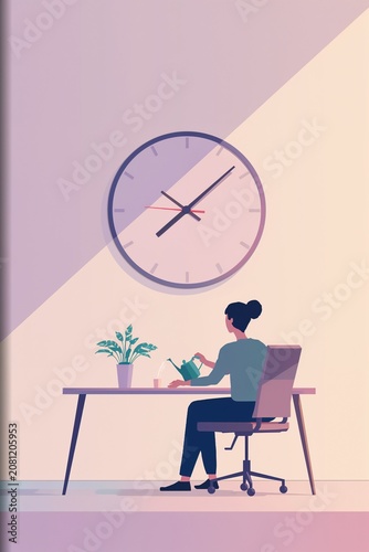 AI Generative. Businessman Watering Plant at Desk with Large Wall Clock, Work Life Balance Concept. 2