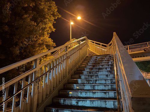 街灯に照らされた歩道橋の階段、深夜の静寂を感じる都会の夜景 ホラー素材にも
