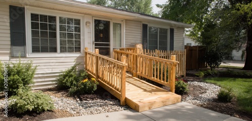 Residential home exterior featuring a wooden accessibility ramp leading to the front door, surrounded by a landscaped garden with plants and rocks under a clear sky
