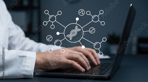 Foto Scientist in white lab coat typing on laptop keyboard to analyze genetic data wi