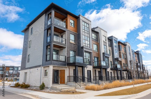 Row of townhomes with balconies under a blue sky