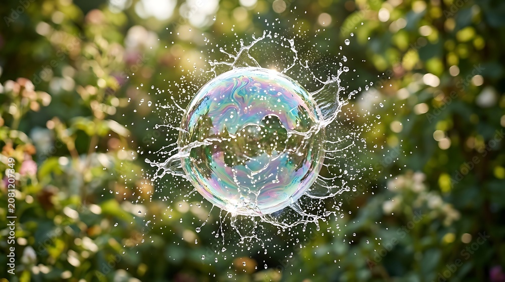 Naklejka premium Iridescent soap bubble bursting in a sunny garden with water splash