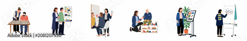 Illustrations of various speech and language therapy sessions for adults and seniors, focusing on communication techniques, tools, and patient rehabilitation.
