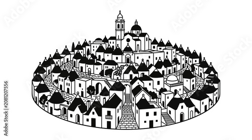 Charming Italian Village Illustration, Whitewashed Buildings, Unique Conical Roofs, Historic Townscape