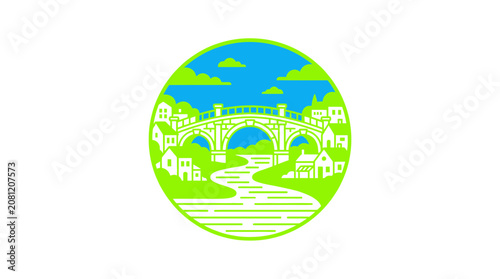 Charming Village Scene with Arch Bridge Over Winding River